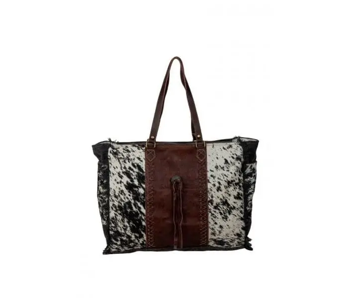 Women's Leatherwear Bag, Rosalinda Casual Weekender Duffel in Hair-on Hide and Chocolate Leather with Frayed Edges & Zip Closure, Leatherwear Bags, Balanced Look, Carry Strap