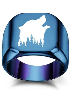 Creative Laser Engraved 18mm Square Wolf Head Ring, Vintage Punk Style, Forest Wolf Design, Unique Jewelry for Men and Women