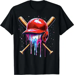 Baseball Drip Boys Ice Cream Drip Youth Bats Helmet Drip T-Shirt Cotton Fabric