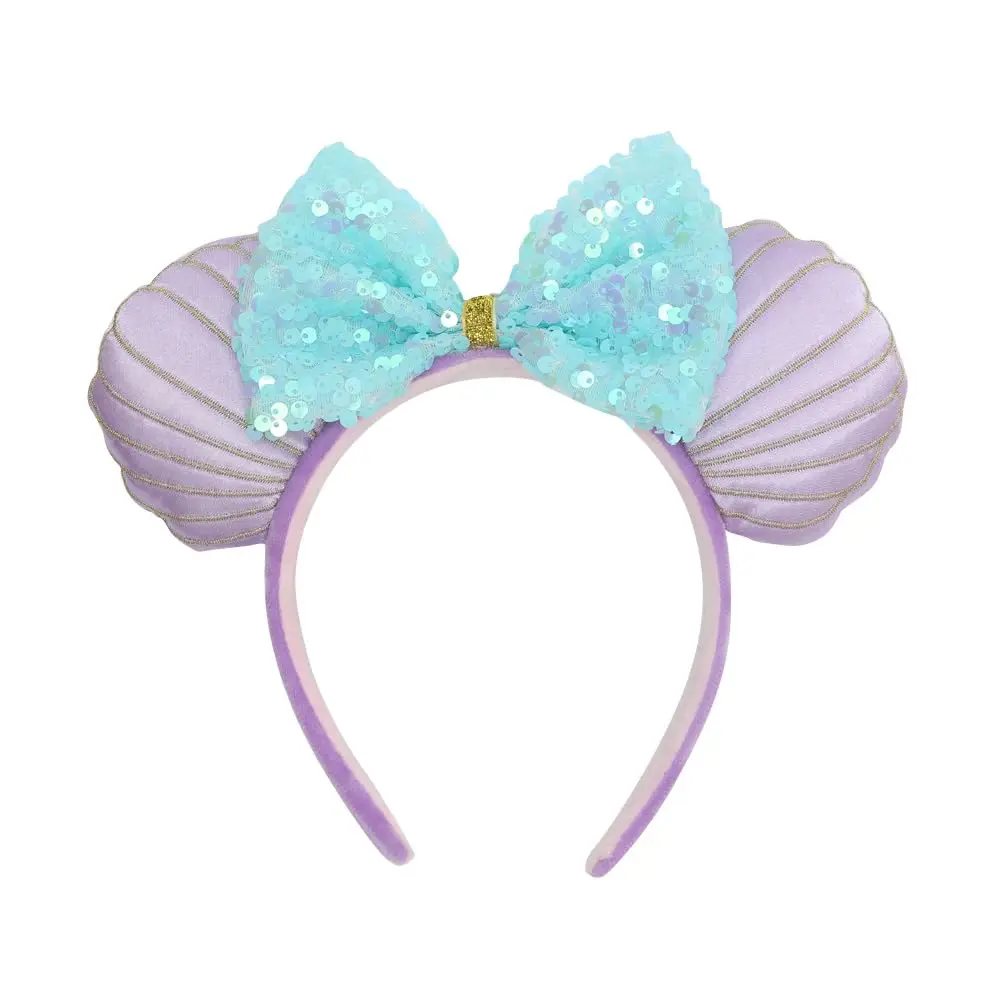 Purple Mermaid Mouse Ear Headband for Women and Girls, Seashell Style 3D Ears with Cotton-Filled Sequin Bow, Velvet Hair Accessory for Cosplay and Parties