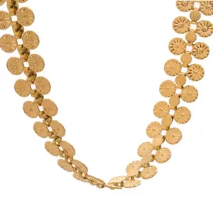 LUZY JEWELRY Elegant Gold Textured Mini Flowers Coin Shaped Statement Necklace