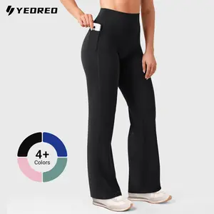 YEOREO Straight Leggings with Pockets for Women No Front Seam Workout Leggings High Waist Wide Leg Yoga Pants 29"/ 31.5" Greenish