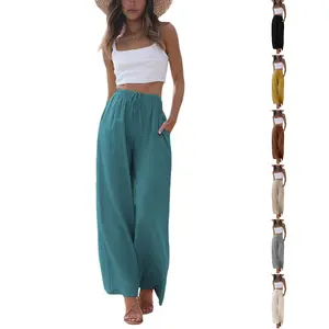 Molitree Women's Cotton Linen Summer Palazzo Pants Flowy Wide Leg Beach Trousers with Pockets Womenswear Bottom