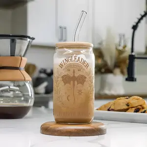 16oz Glass Cup, 1 Count Dragon Design Reusable Glass Cup with Lid & Straw, Drinking Cup for Home Office Use, Perfect Gift for Coffee Lovers, Drinking Glassware, Glass Tumbler