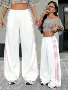 Women's Casual Colorblock Striped Wide Leg Pants, Casual Minimalist Trousers, Comfortable Stretchy Loose Fit Long Pants, Elastic Drawstring Waist, All Seasons Fashion, Womenswear
