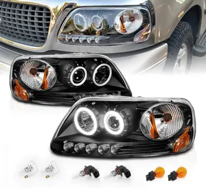 AmeriLite for 1997-2003 Ford F150 F-Series Expedition Black Projector Replacement Headlights Assembly Xtreme Bright LED Halos + Corner Lamps Set - Passenger and Driver Side