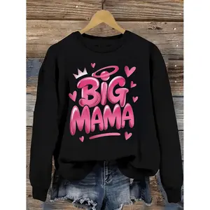 Women Plus Size Bold Style Pullover Sweatshirt Graffiti Crown Big Mama Graphic With Crown Hearts Geometric Print Breathable Round Neck Cotton