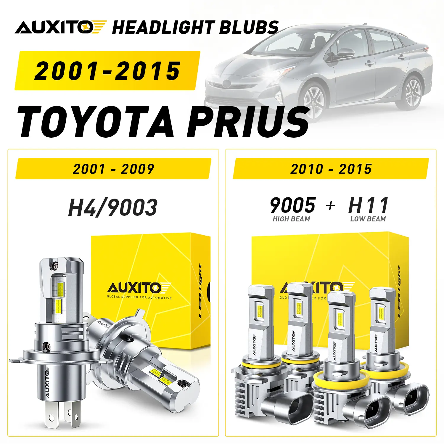 2001-2015 Toyota Prius AUXITO LED Headlight Bulbs, H4/9003 Headlight (2001-2009),9005 High Beam & H11 Low Beam (2010-2015), 30000LM 6500K Cool White, Anti-glare,CANBUS Ready,No error,No Flickering, Plug and Play