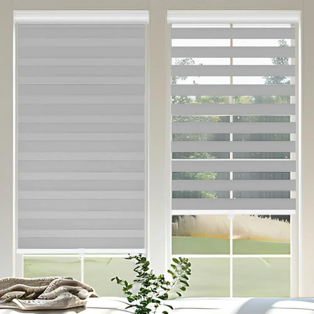 Cordless Zebra Blinds for Windows, 45" W x 72" H Zebra Roller Shades with Valance Free Stop Zebra Roller Shades, Light Control Window Treatments Dual Layer Sheer Blinds for Day and Night, Grey