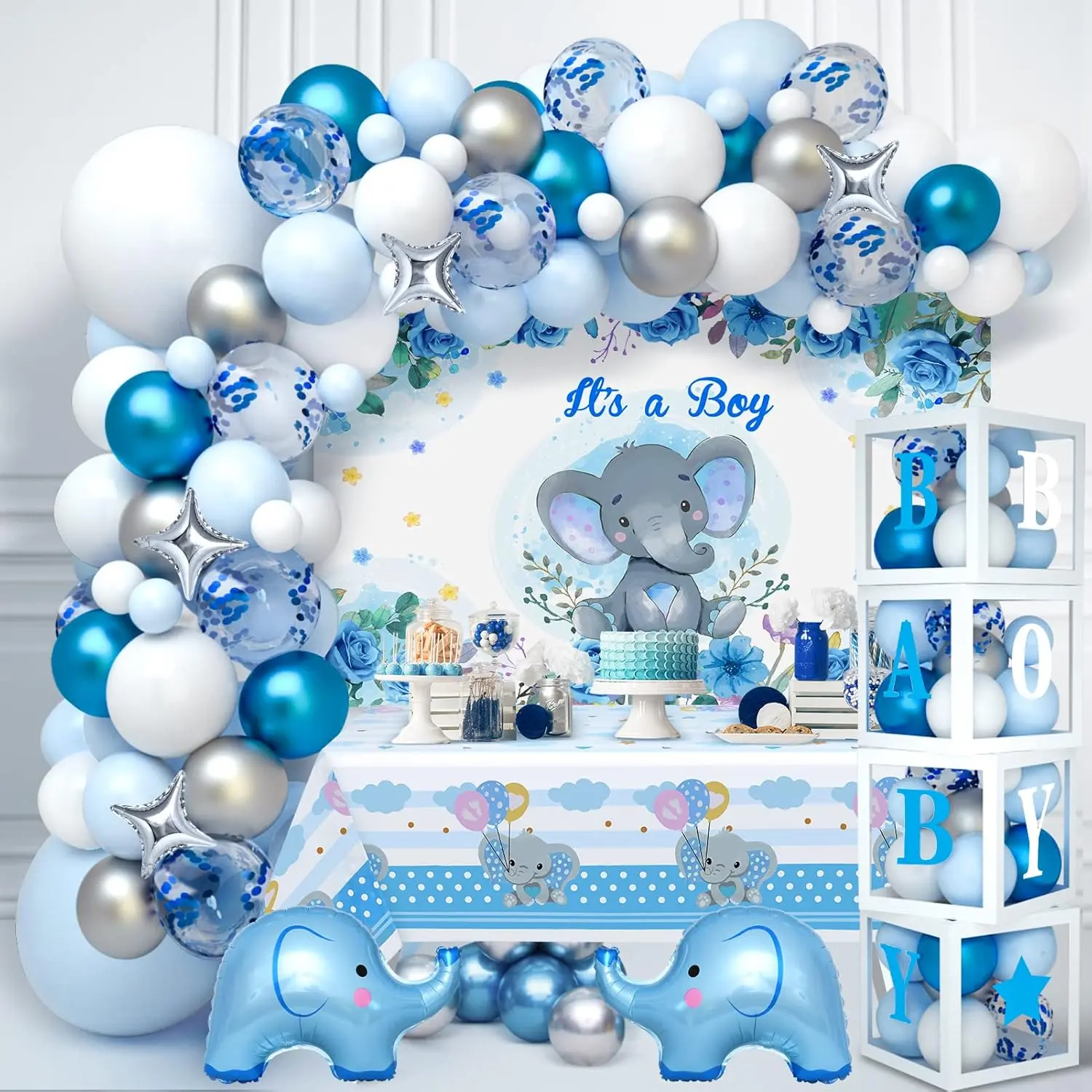 155Pcs Elephant Baby Shower Decorations For Boy, Boxes With Letters/ Blue Balloon Garland Kit/ Backdrop/ Tablecloth/ Star, Elephant Kid Birthday Party Supplies Baby Boy Shower Decor