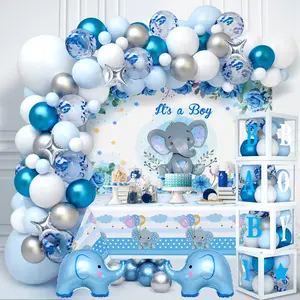 155Pcs Elephant Baby Shower Decorations For Boy, Boxes With Letters/ Blue Balloon Garland Kit/ Backdrop/ Tablecloth/ Star, Elephant Kid Birthday Party Supplies Baby Boy Shower Decor