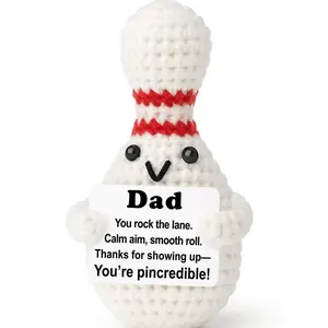 Handmade Crochet Bowling Plush Toy Red White Yarn Knitted Bowling Ball Doll Motivational Encouragement Gift Cute Amigurumi Desk Decor Stress Relief Ornament for Home Office Room Display Shopping Mall Decoration