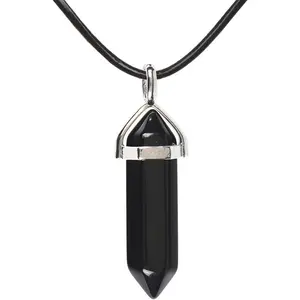 Natural Gemstone Hexagonal Pointed Reiki Chakra Pendant Genuine Leather Necklace 18"