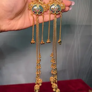 Kashmiri Earrings - Gold Color with Intricate Design and Long Chains for Elegant Look