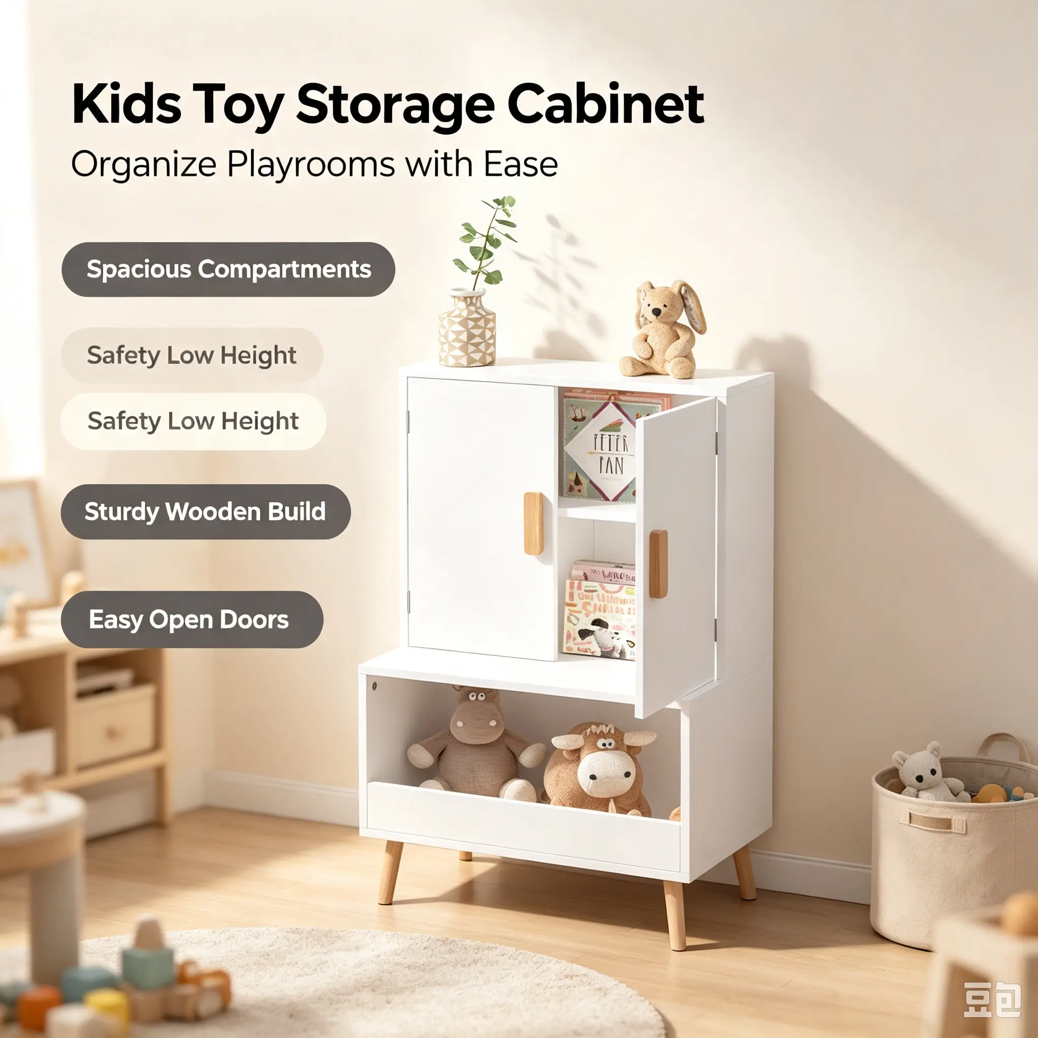 Kids Toy Storage Cabinet with Doors & Open Shelf, Toddler Bookshelf with Natural Wood Legs, Modern Organizer for Playroom, Nursery, Bedroom, 68W x 46.5D x 58.5H cm