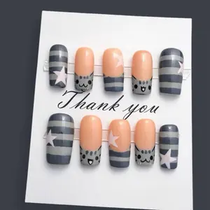 Kawaii Kitty Gray Striped Star Pink Cutesy Cat Press on Nails