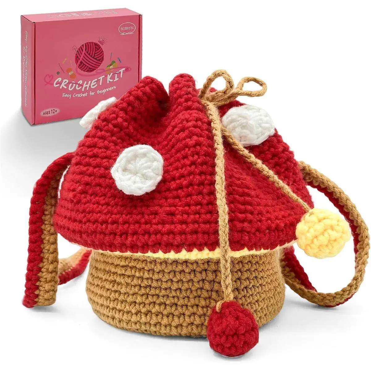 Crochet Kit for Beginners with Step-by-Step Video Tutorials – DIY Mushroom Crossbody Purse Bag, Crochet Bag Kit for Women, Knitting Kit, Handcraft Kit