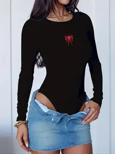Women's Sexy Long Sleeve Round Neck Bodysuit - Black Spider Print Fitted Top - Machine Washable, Suitable for Casual, Office, and Daily Wear, Slim-Fitting Warm Base Layer, Elegant Round Neck Shirt Womenswear