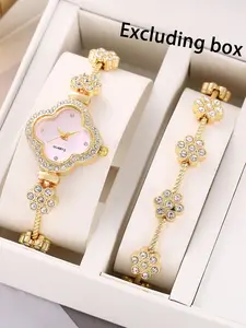 2pcs Fashion Clover Diamond-Encrusted Ladies' Watch Colorful Diamond Fashion Bracelet Watch Set
