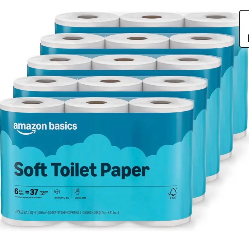 Amazon Basics 2-Ply Soft Toilet Paper, 30 Rolls (5 Packs of 6), 350 Sheets per Roll, Septic Safe, Equivalent to 185 Regular Rolls