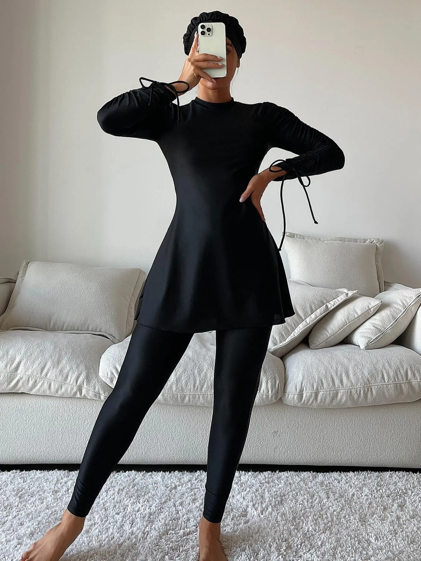 Women's Solid Long Sleeve Swim Top & Elastic Waist Leggings Two-piece Set, Casual Fashion Cozy Muslim Outfits for Daily Wear, Ladies Swimwear for All