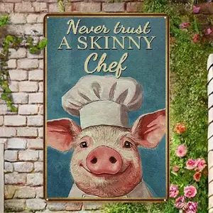 2D Flat, Funny Chef Pig Metal Wall Decor - "Never Trust a Skinny Chef" Farmhouse Kitchen Sign - Heavy-Duty Iron Retro Plaque for Home, Garage, Cafe - Halloween & Christmas Decoration - Easy Hang with Pre-Drilled Holes - Country Cooking Gift