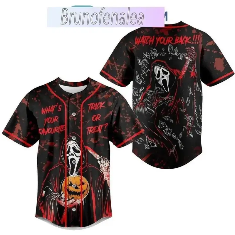 Ghostface Halloween Baseball Jersey | Horror Movie Fan Button-Up Shirt | Trick or Treat Costume