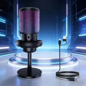 USB Microphone for Podcast Recording, PC Computer Gaming Streaming Mic with RGB Light, Mute Button, Headphones Jack, Desktop Stand, Vocal Mic for Singing