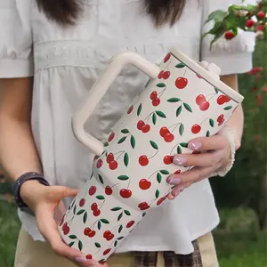 Cherry Print 40oz Insulated Stainless Steel Water Bottle for Women Drinkware, Tumbler with Straw & Handle, Double Wall Vacuum Leakproof Travel Mug, Cupholder Friendly, Trendy Christmas Gift