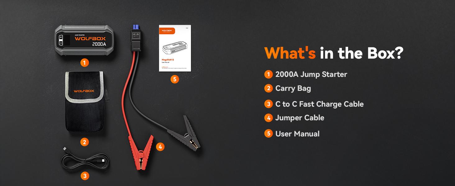 WOLFBOX 2000A Jump Starter 12000mAh Battery Jumper Starter Portable with LED Display 12V Car Battery Jump Starter Pack for 7L Gas 6L Diesel Engines with Booster LED Light Jumper Cables Lifetime Warranty
