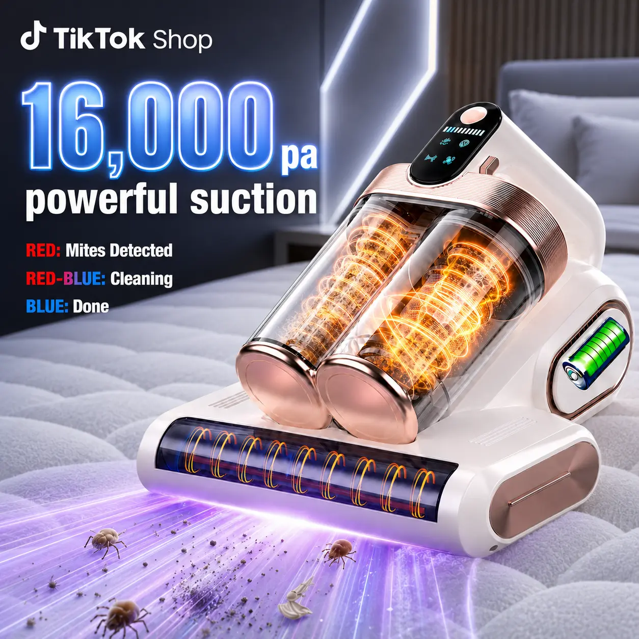 Cordless Mattress Vacuum Cleaner, 16Kpa Deep Clean Bed Vac with 80000 RPM Tapping, UV-C Light & Ultrasonic, Dual HEPA Dust Cup for Sofa, Crib and Pet Hair