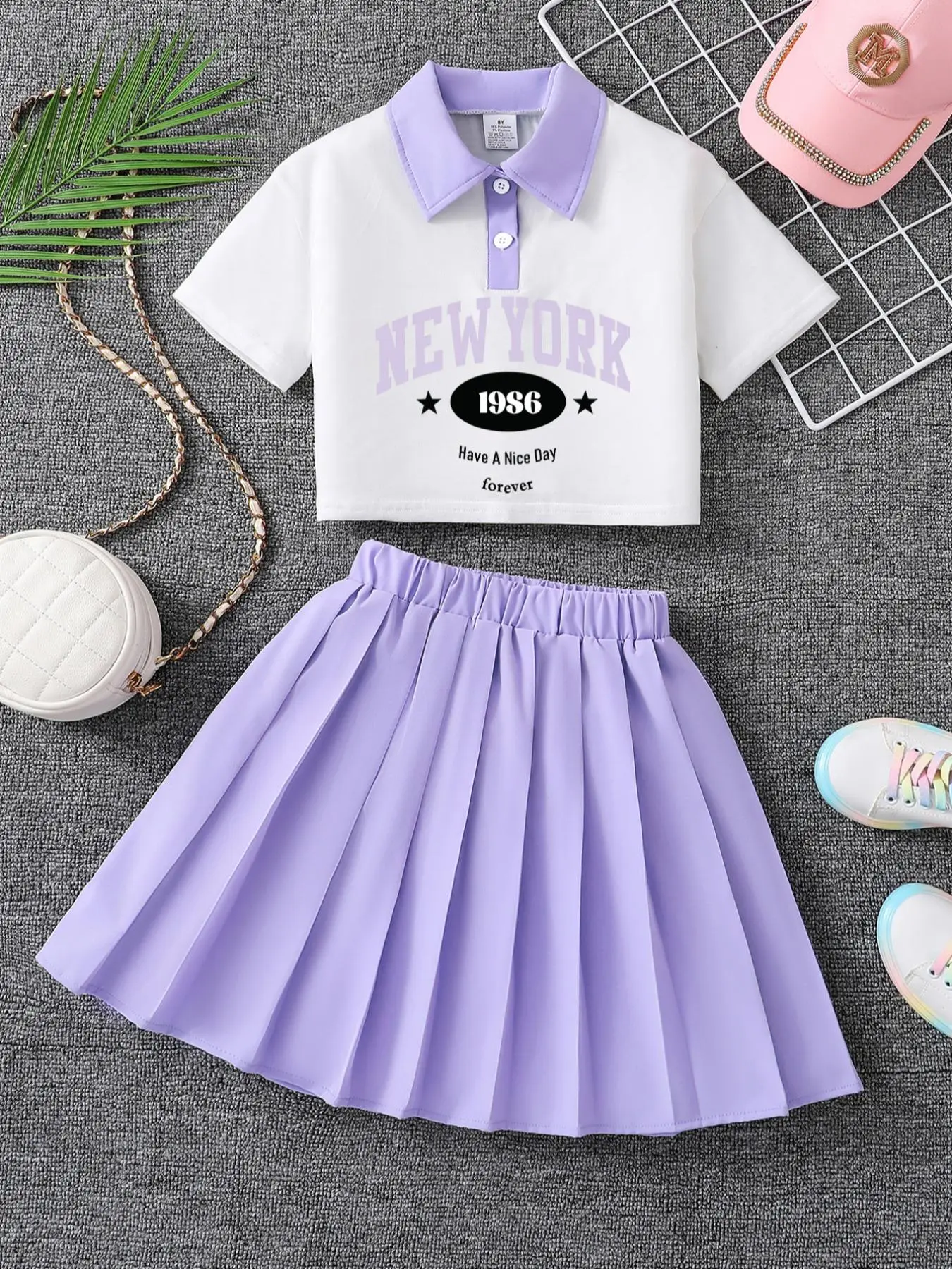 Girl's Letter Print Polo Neckline Top & Pleated Skirt Two-piece Set, Casual Fashion Cozy Two Piece Outfits for Daily Outdoor Wear, Girl's Set for Summ