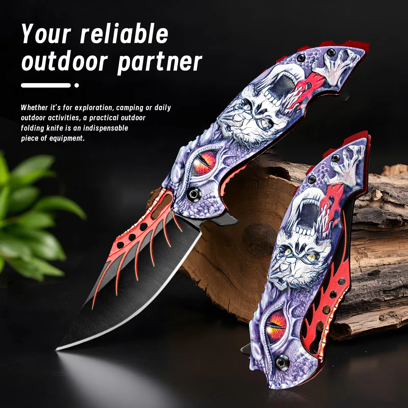 Exquisite 3D Skull Pattern Folding Pocket Knife, Stainless Steel Blade Portable Outdoor EDC Collectible  Knife