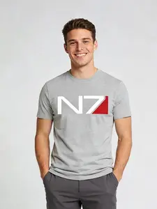 GEEKSOUTFIT Mass Effect N7 Geek T-Shirt Cotton Menswear Fitted Short Sleeve Crew Neck Casual Minimalist Summer Streetwear White Print