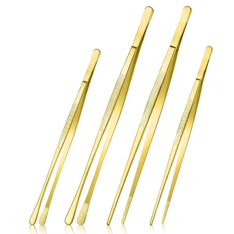 4 Pcs Fine Long Tweezer Tongs Professional Gold, 12'' and 10'' Stainless Steel for Kitchen, Food, Cooking, Repairing, Sea food and BBQ