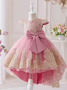 Big Bow Kids Clothes Sequins Embroidered Pink Flower Girl Ball Gown Pageant Children Elegant Performance Princess Prom Host Formal Evening Party Cocktail Trailing Tulle Overlay Dress for all Season 4 to 8 Years
