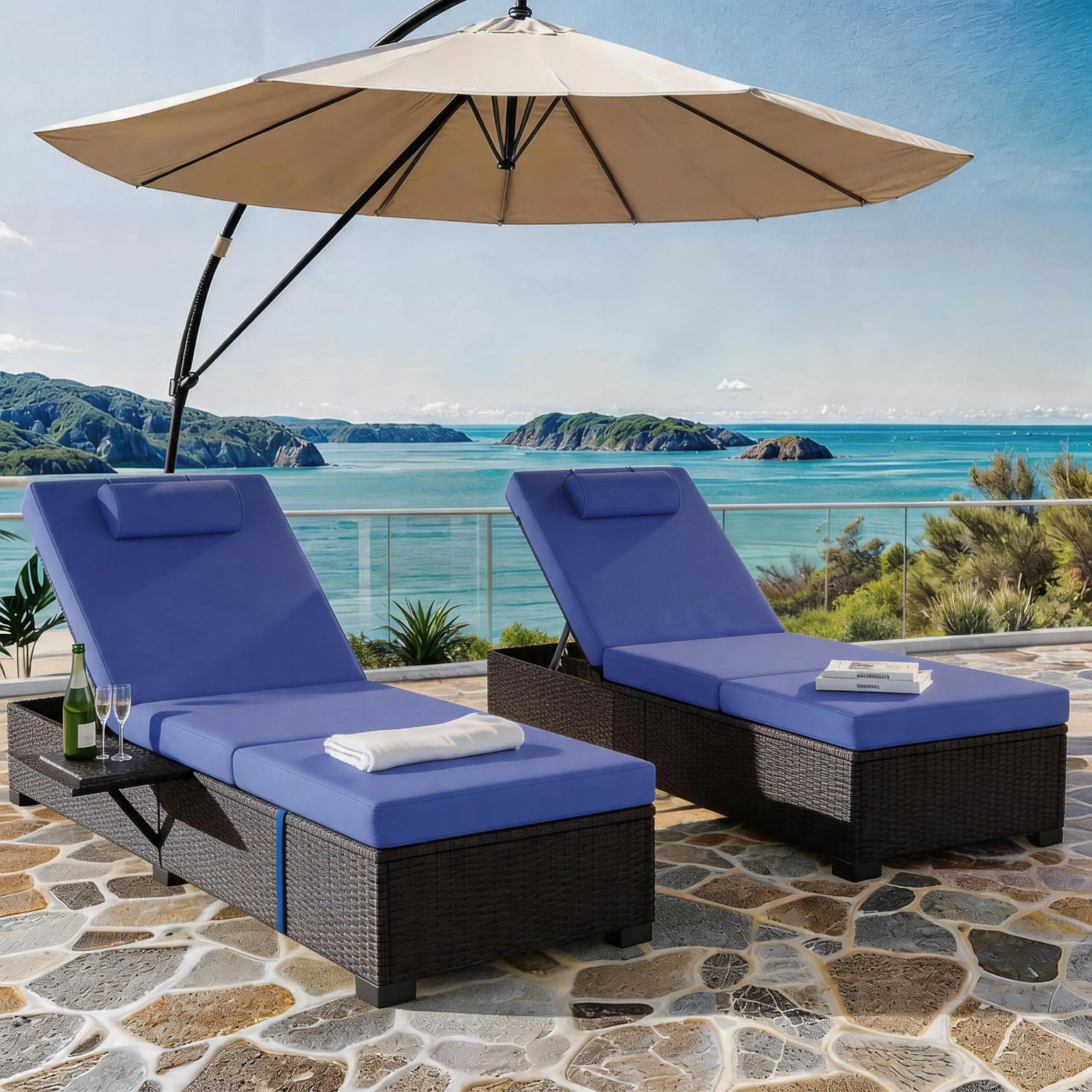 Outdoor Chaise Lounge Set of 2, 5-Position Adjustable Reclining PE Wicker Lounge Chairs with Cushions for Poolside, Garden, Patio, Backyard, Blue