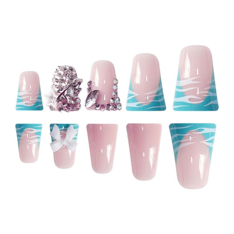 Bow Decor Fake Nails with Nail File & Tape, 24pcs Duckbill Shaped False Nails for Women & Girls DIY Nail Art, Effortless Pressed on Nails Manicure Set, Acrylic Nails, Icy Blue, Rhinestone Bow Decorated