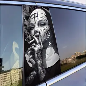 2 Piece NNMM Tattoo Smoking Nun Car Sticker - High Gloss Glitter Decorative Waterproof Self-Adhesive B-Pillar Sticker, Scratch Resistant Plastic/Film Suitable for Cars, Trucks, SUVs (Dark Theme), Vinyl Car Stickers, Dark Aesthetic, Side Decals