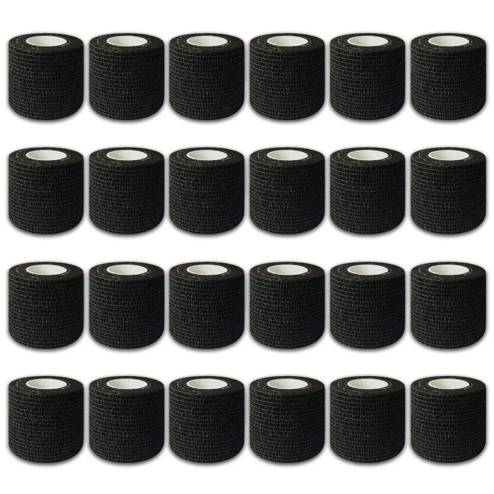 Tattoo Grip Cover Wrap - 24Pcs 2" x 5 Yards Disposable Cohesive Tattoo Grip Tape Wrap Black Elastic Bandage Rolls Self-Adherent Tape for Tattoo Machine Grip Tube, Sports Tape