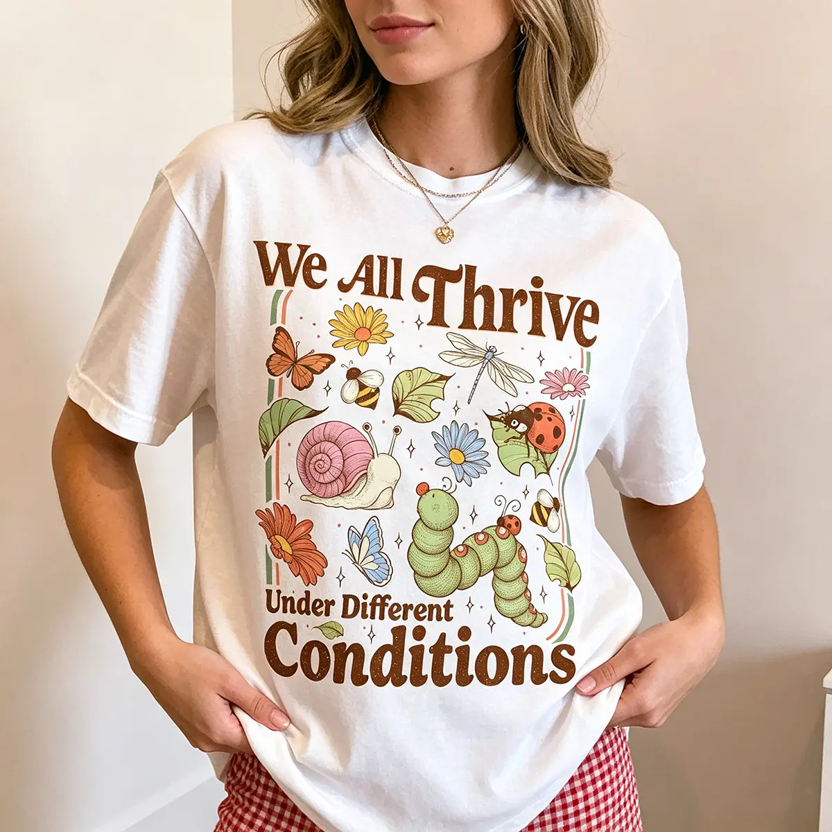 “We All Thrive Under Different Conditions” Neurodiversity T-Shirt – BCBA Special Education Teacher Tee, Unisex Heavy Cotton Graphic Top