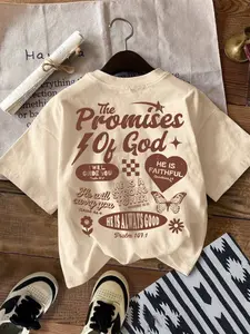 Women's Cherry & Letter Print Round Neck Tee, Casual Slogan Graphic Short Sleeve Loose T-Shirt for Summer, Ladies Clothes for Daily Wear, Top