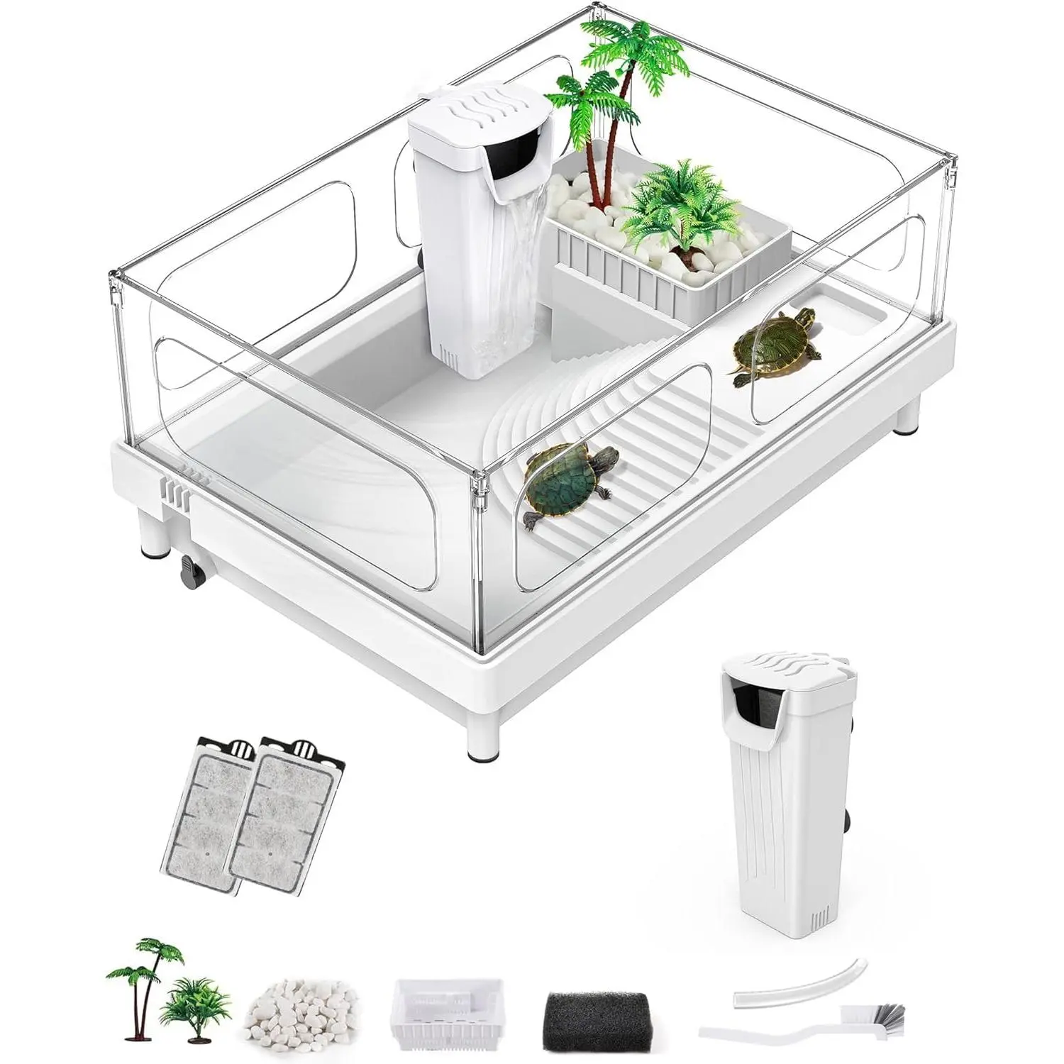 Small Turtle Tank with Filter, Turtle Aquarium,  Turtle Terrarium with Basking Platform, Bottom Drainage, Multi-Function Areas for Turtles, Crayfish, Small Reptiles.(Tank+Filter)