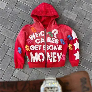 Retro washed red street style with eye-catching distressed letter print; unisex—perfect for urban streetwear and music festival looks. Motivational zip hoodie — “Doesn’t matter, make some money” quote zip sweatshirt.