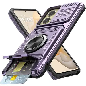 for Motorola Moto G Stylus 5G 2024 Case with Card Holder [Store 2 Cards] + 360° Magnetic Rotated Ring Kickstand Dual Layer Heavy Duty Protective Wallet Phone Case for Women Men, Purple