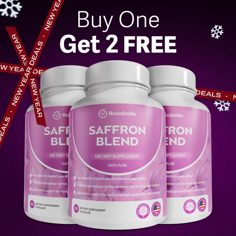 Rosabella 3-Pack Saffron Blend - For Positive Mood & Stress Support - Vegan Gluten-Free with Gentle Magnesium - $9.99 Each