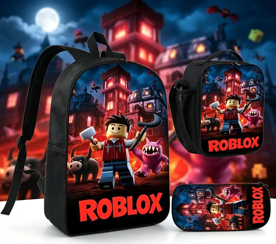 Roblox Inspired Gamer Look 3-Piece Pattern Backpack Set - Water-Resistant Bagbackpack with Insulated Lunch Box & Pencil Case, Large-Capacity School Day Pack for Elementary/Middle School Students