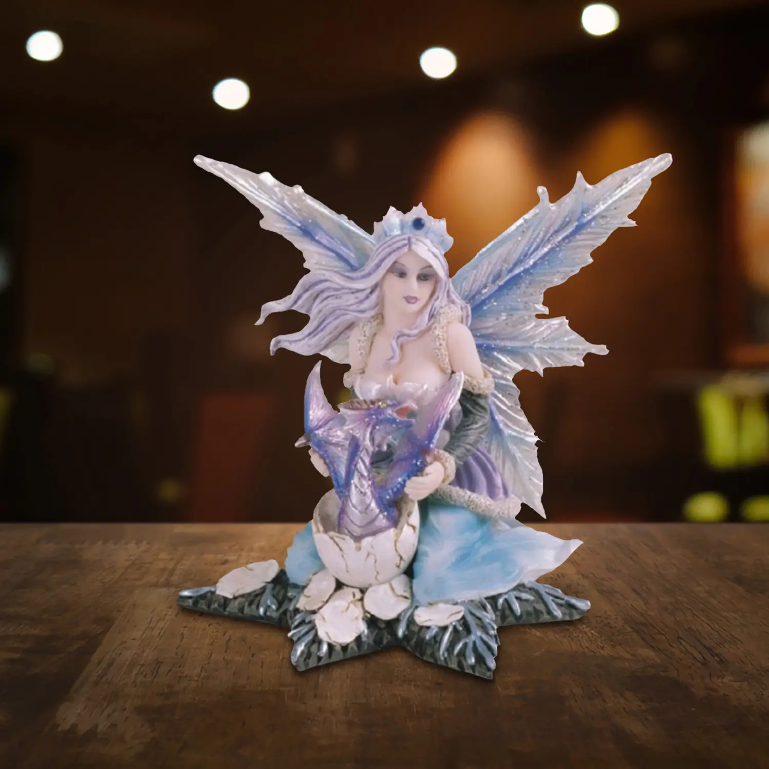 5"H Blue Fairy with Dragon Baby Hatchling in Egg Statue Fantasy Decoration Figurine