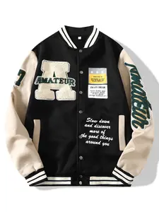 American Vintage College Style Colorblock Baseball Jacket, Velvety Big Letter Amateur Embroidered Jacket, Streetwear Varsity Jacket
