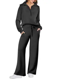 Plus Size Womens Casual Sweatshirt Zipper Long Sleeve Health Fabric Wide Leg Pants Fashion Overall Pocket Spandex Style Suits Trouser for Everyday Wear